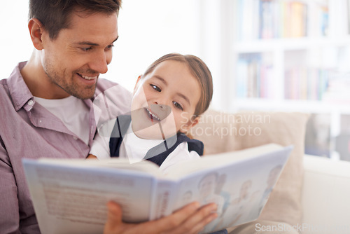 Image of Father, kid and reading book for fairytale, happy with bonding at home and knowledge for education. Man, young girl and story time for fantasy and learning with love and care together in lounge