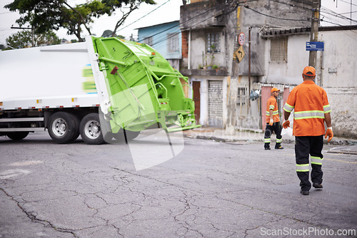 Image of Teamwork, truck and garbage collection for cleaning and disposal in waste management or trash. Dumpster refuse, cleanup by sanitation workers for rubbish removal and environmental sustainability