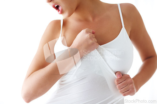 Image of Fashion, woman and studio with passion in white background with frustration and upset with clothes. Female person, wear sleeveless and strong with body positivity, empowerment and confidence.