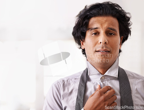 Image of Portrait, getting ready and Indian businessman in home with mockup space, tie and fatigue. Mental health, exhausted and tired entrepreneur man with morning routine, professional career and face