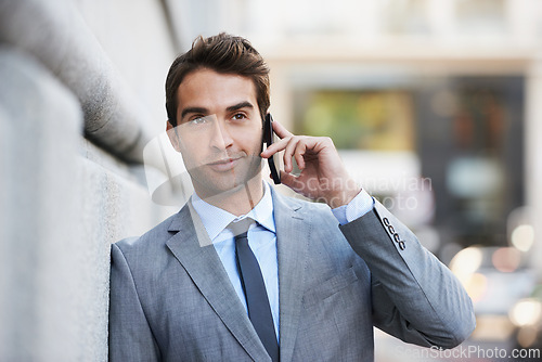 Image of Businessman, outdoor and phone call in city networking with lawyer, client and virtual communication. Attorney, talking or conversation on smartphone at court or law firm for consultation in London