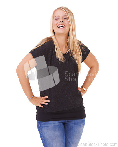 Image of Portrait, hands on hips and woman with a smile, funny and fashion isolated on white studio background. Person, happiness and mockup space with humor and model with casual outfit and laughing with joy