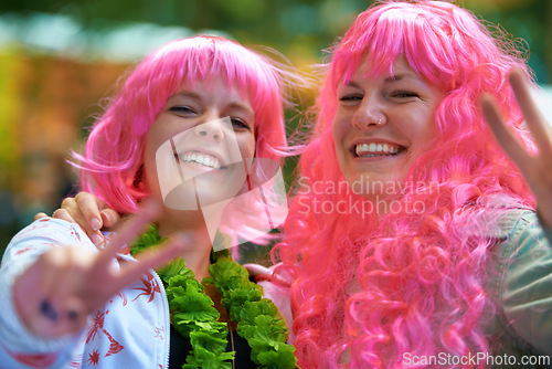 Image of Portrait, music festival and women in wigs, friends and peace sign with fun and happiness. Face, people and girls with costume and dress up with joy and funny on a weekend break, concert and silly