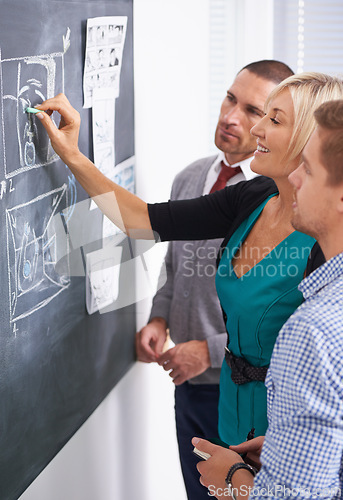 Image of Business people, teamwork and blackboard with creativity, planning and brainstorming with ideas. Group, staff and manager with employees or chalk with drawing and research with partnership or meeting