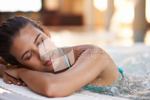 Image of Happy woman, sleeping and relax with jacuzzi for break, holiday getaway or stress relief at hotel, resort or spa. Face of young female person asleep with smile for hot tub, pool or peace on vacation