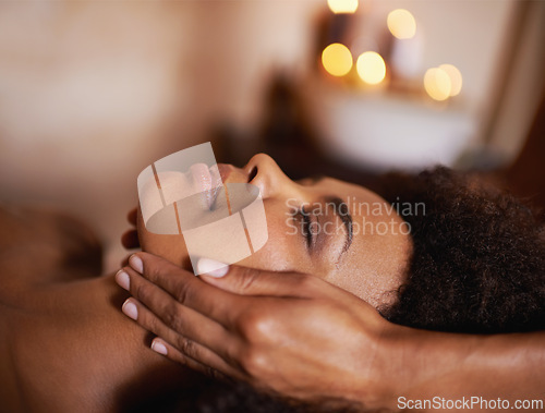 Image of Black woman, closeup of hands on face and massage with masseuse, beauty and bodycare at spa for stress relief and wellness. Treatment, facial and healing for zen, self care and relax at luxury resort