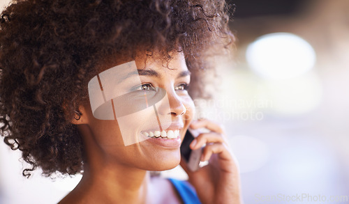 Image of Woman, phone call and smile for networking outdoors, internet and app for communication in city. Female person, happy and internet for contact, connection and conversation on weekend trip to Brazil