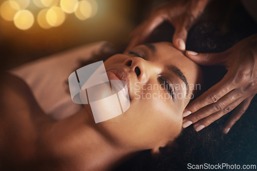 Image of Black woman, hands and head massage with masseuse, beauty and bodycare at spa for stress relief and wellness. Closeup of face, treatment and healing for zen, self care and relax at luxury resort