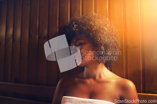 Image of Black woman, sauna and detox treatment at spa, healing and self care with wellness and zen. Relax, calm and peace on pamper day with heat or warm bodycare, skincare and health with stress relief