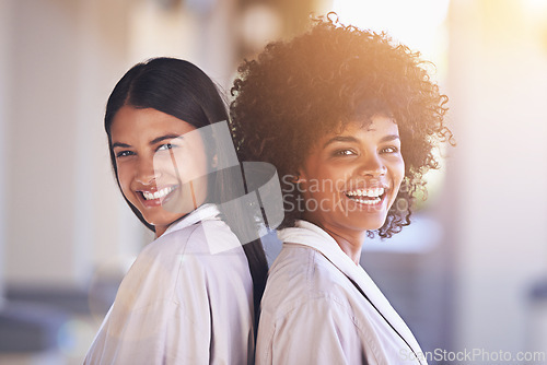 Image of Women, friends and portrait in portrait outdoor at spa for beauty treatment, body care and wellness together. Smile, relax and friendship date for bonding at luxury resort, happy and pamper day