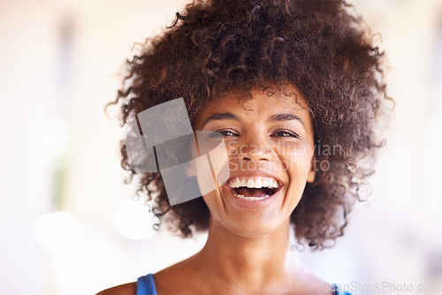 Image of Woman, portrait and laugh outdoors for humor, comedy and happy or satisfaction on college campus. Female person, university student and smile for funny joke, confidence and enjoyment in Brazil