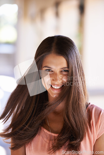 Image of Portrait, beauty or happy woman at university with vision, mindset and future, ambition or career goal. Face, smile or student at college for cosmetology school, learning or upskill training campus