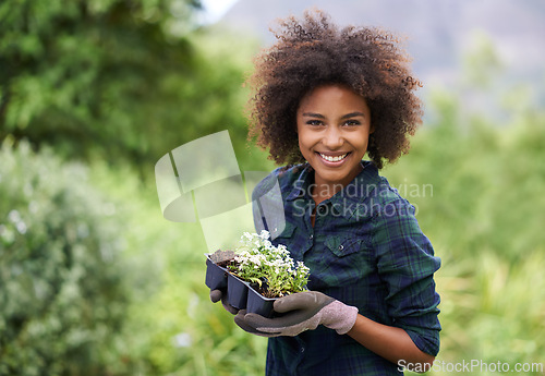 Image of Gardening, flowers and portrait of black woman with smile for nature skills, landscaping and planting. Spring, botany and happy person with plants in ecosystem, environment and garden for growth