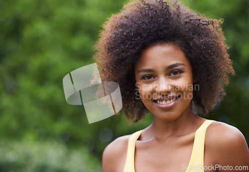 Image of Happy, smile and portrait of black woman in nature for wellness, fresh air and relaxing outdoors. Smile, joy and face of person in park, garden and countryside for holiday, vacation and weekend