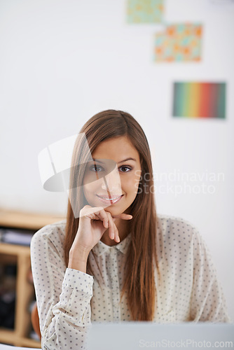 Image of Happy, professional and portrait of woman at computer or desktop in office with creative web developer. Website, designer or person research on internet for development of company software and erp