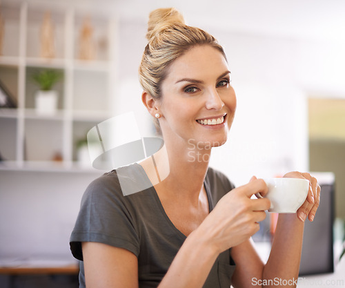 Image of Business woman, happy and coffee cup in office for break with career planning or project startup. Face or portrait of a worker, editor or writer with tea, espresso or morning drink for inspiration