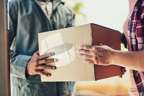 Image of Delivery, box or hands of woman with courier in home closeup for shipping, online shopping or cargo transport. Ecommerce, logistics or sale product zoom at front door for supply chain retail exchange