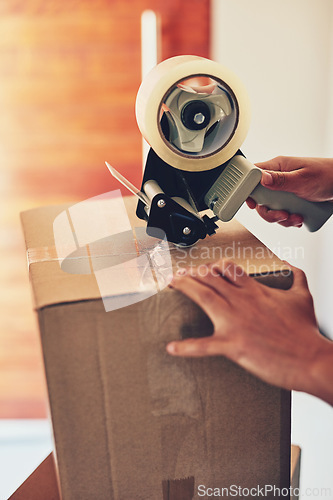 Image of Ecommerce, business and hands with box, tape or sale product for shipping, distribution or order zoom. Logistics, online shopping or person with cardboard container for retail stock, cargo or freight