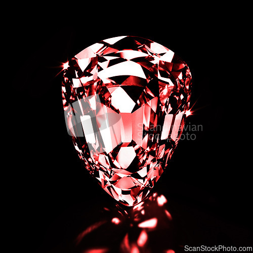 Image of Ruby, red stone and studio by black background for natural resource, jewelry and sparkle for luxury. Rocks, gemstone or crystal in closeup for shine, glow and brilliant cut with reflection for wealth