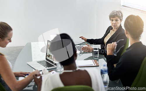 Image of Teamwork, meeting and business women on laptop for discussion, website review and online project. Company startup, corporate and people on computer for planning, research and collaboration in office