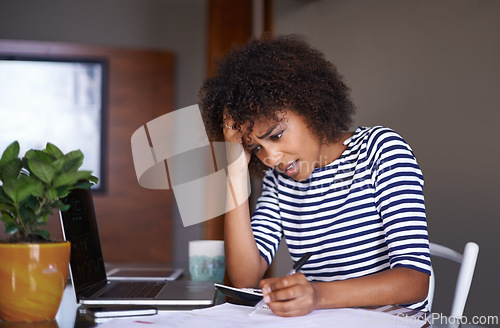 Image of Woman, finance and thinking of problem at home, table with documents for tax and calculating debt. African female person, bills and stress of online payment report, budget and planning with worry