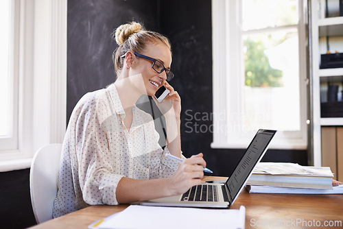 Image of Woman, laptop and happy in home office with phone call for business networking, remote communication and multitasking. Female person, smartphone and technology for conversation, online and research.