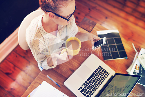 Image of Woman, smartphone and online in home office in morning for business networking, information and multitasking. Female person, technology and internet for research or browsing, remote work and top view