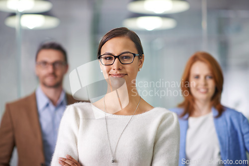 Image of Portrait, woman or business with team, leadership or confidence in staff diversity in Amsterdam. Businesswoman, office worker or colleague in commitment together in professional, corporate or company