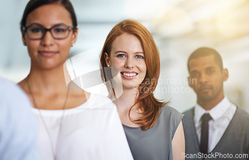 Image of Portrait, team and happy business woman in queue at office or workplace of entrepreneur. Face, group and professional people in a row together for cooperation or collaboration of diverse advisors