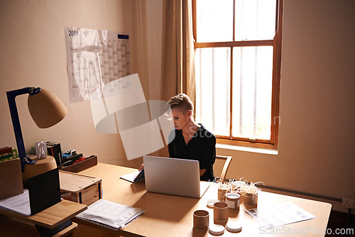 Image of Workspace, businesswoman and laptop in home office with confidence, above and freelancer with productivity. Professional, editor and writing a book in remote work and computer for online research