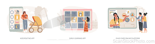 Image of Childcare technology solutions isolated concept vector illustration set.
