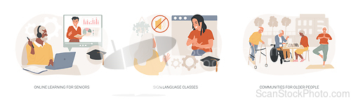 Image of Senior community and education isolated concept vector illustration set.