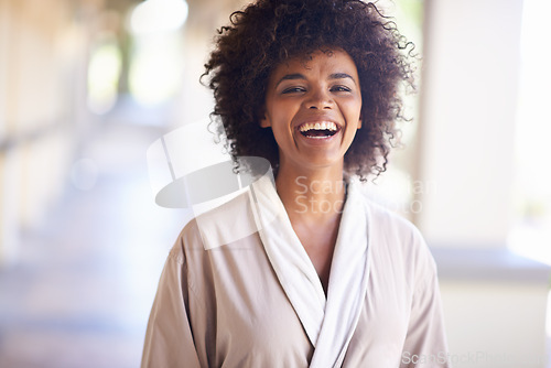 Image of Woman, smile and portrait in spa for relax, beauty and cosmetic treatment for break and skincare. African person and happy for holistic and wellness care for hygiene, clean and natural in robe