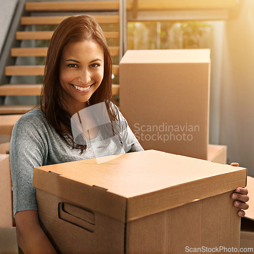 Image of Woman, package and boxes with smile portrait from delivery, order or moving for real estate and property. Cardboard, shipping and shipment and happy homeowner with packing and parcel by house stairs