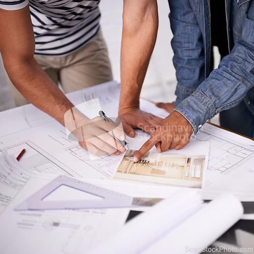 Image of Architecture, consulting and hands of business people on blueprint, paperwork or floor plan for building project. Civil engineering, development and teamwork with creative design office with ideas.