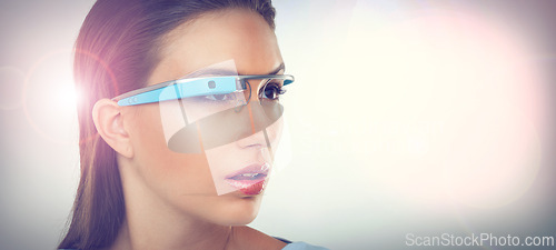 Image of Vision, woman and smart glasses for augmented reality, metaverse or innovation. Face, cyber eyewear and futuristic tech, thinking and serious person in studio isolated on a white background mockup