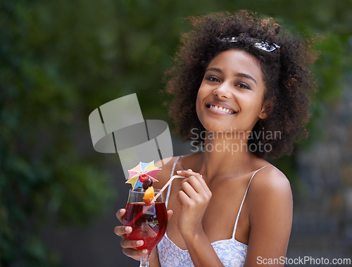 Image of African, woman and portrait with cocktail and summer or vacation, relax or happy for wellness at resort. Holiday, tropical retreat or natural black female person, fruit liquid for drinking in nature