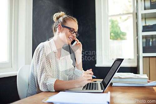 Image of Woman, computer and happy in home office with phone call for business networking, remote communication and multitasking. Female person, smartphone and technology for conversation, online and research