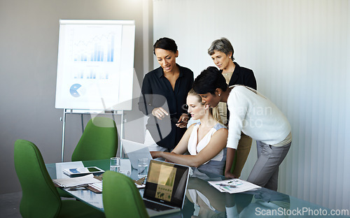 Image of Meeting, presentation and business people with statistics in discussion, talking and collaboration. Teamwork, corporate office and women with laptop, graph and chart for planning, review and research