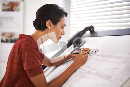 Image of Woman, architecture with sketch and floor plan for construction, focus on design with pencil and engineering. Architect, contractor and drawing blueprint for renovation, infrastructure and creative