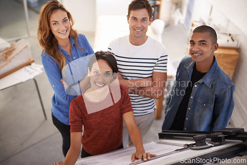 Image of Architecture, office and portrait of business people with documents, blueprint and floorplan. Teamwork, collaboration and workers with illustration, design and drawing for ideas, planning or building