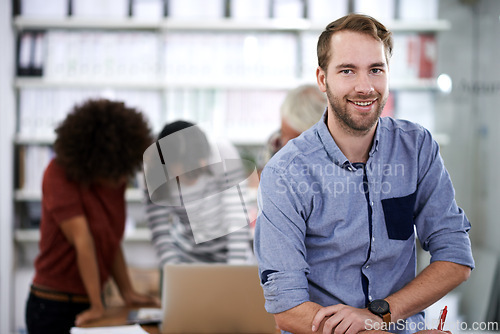 Image of Portrait, happy and businessman with confidence in workplace and worker in administration of records. Professional person, face or pride in career for archive or teamwork for protection of knowledge