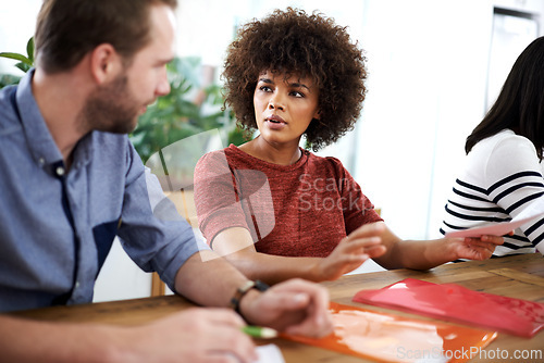 Image of Businesspeople, meeting and teamwork talk for project planning in creative studio for art design, agency or collaboration. Male person, woman and brainstorming in London, small business or start up