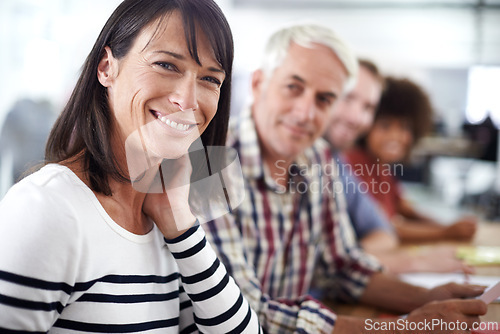 Image of Happy woman, portrait and relax with team in confidence for creative startup or agency at the office. Face of female person or employee with smile for career ambition, positivity or group meeting