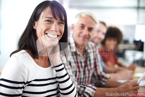 Image of Happy woman, portrait and team with confidence for creative startup, pride or agency at the office. Face of female person or employee with smile for career ambition and positivity in group meeting