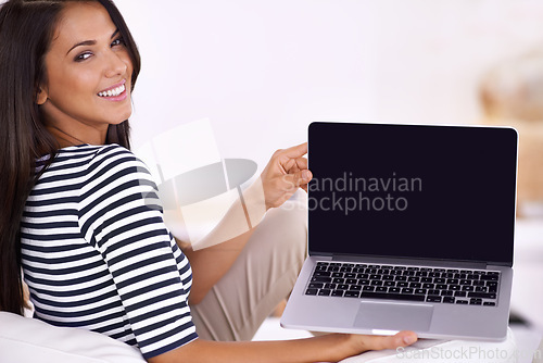 Image of Woman, laptop and screen with mockup for advertising, tech and UX with website or ads for information. Portrait for online presentation, digital marketing and software with PC, network and internet