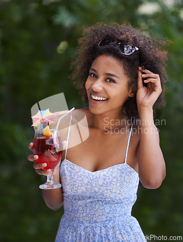 Image of African, woman and cocktail portrait on holiday, happy smile for vacation or resort. Summer, drink and sunglasses for stress relief trip outdoor with natural female person, relax and tropical liquid