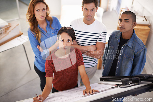 Image of Architecture, office and portrait of business people with planning, blueprint and floorplan. Teamwork, collaboration and workers with illustration, design and drawing for ideas, documents or building