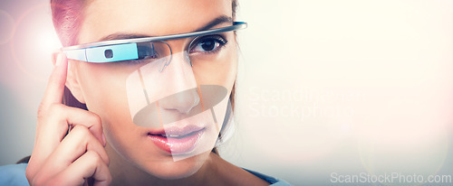 Image of Woman, futuristic and press glasses for augmented reality, metaverse or internet. Face, cyber eyewear or smart tech for online vision of serious person in studio isolated on a background mockup space