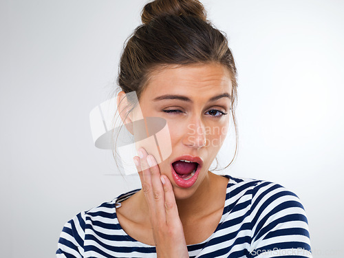 Image of Wow,, surprise and excited portrait of woman in studio, white background and mockup space with energy. Happy, emoji and student with shock for feedback, news or announcement of crazy information